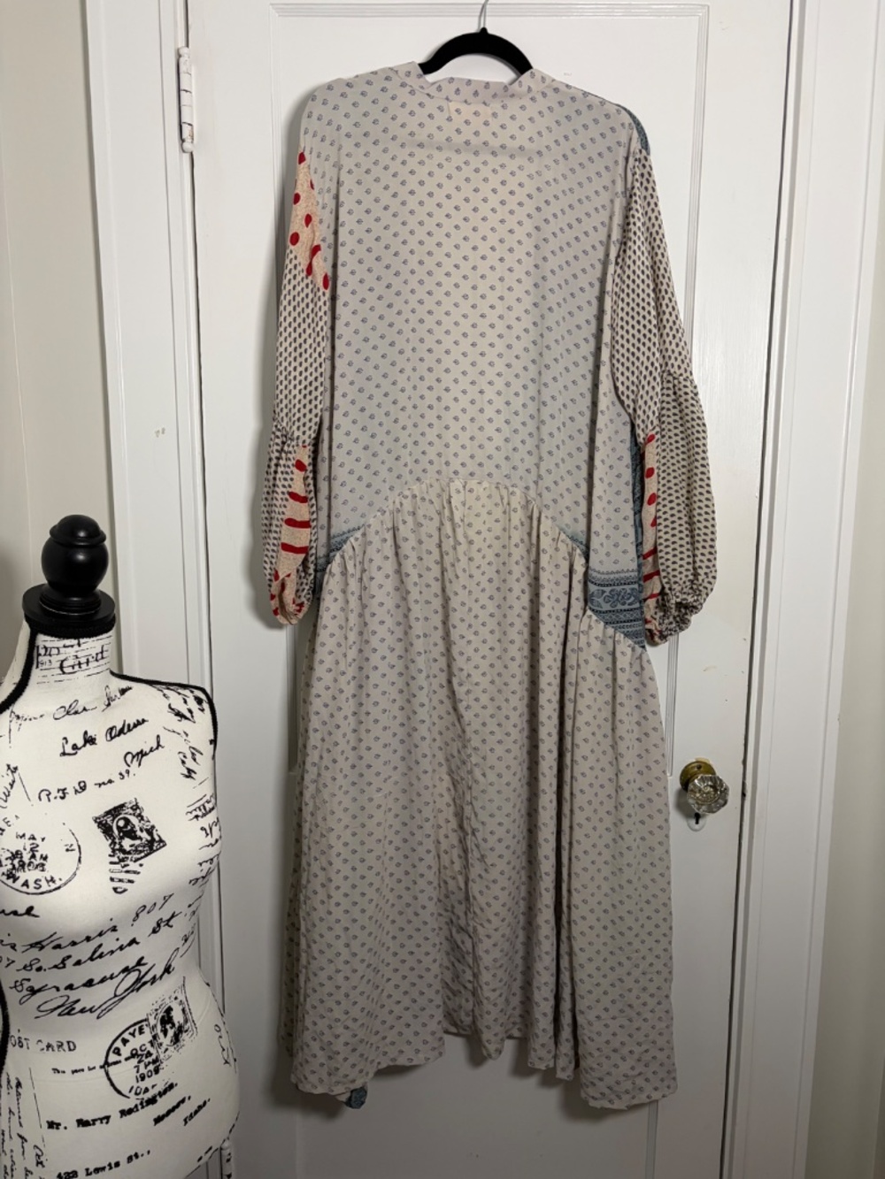 Kantha Bae Evermore Kimono Cream Blue Mixed Print Crepe Sari Long Duster - Picture 4 of 6